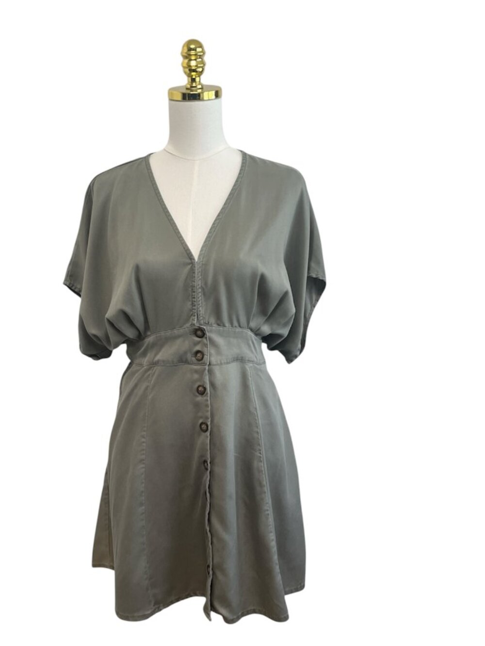 QUINCE Vintage Wash Tencel Button Front V-neckline Women's Mini Dress Olive Sz L